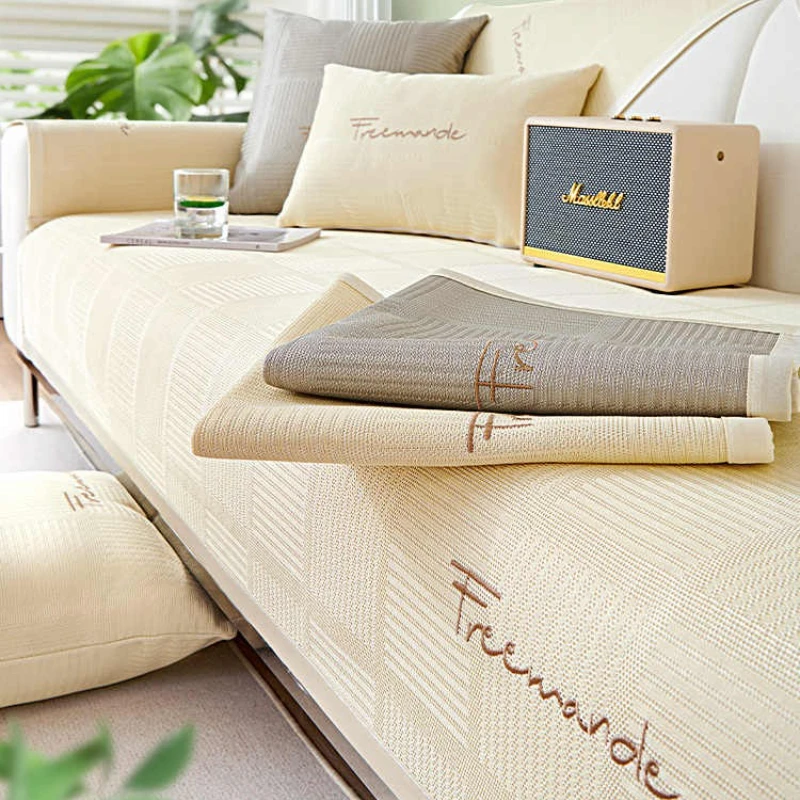 

Cream Style Ice Silk Sofa Cover Summer Universal Non-slip Sofa Mat Cool Feeling Breathable L Shape Sofa Cover for Living Room