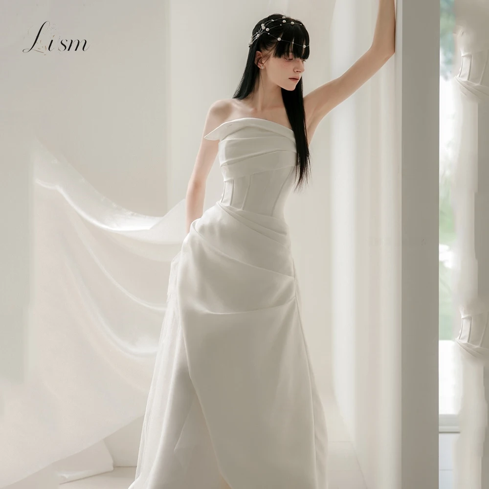 LISM Strapless Satin Sheath Wedding Dress Pleated Minimalist Elegant Floor Length Bridal Gown Photoshoot Dress 2027 Customized