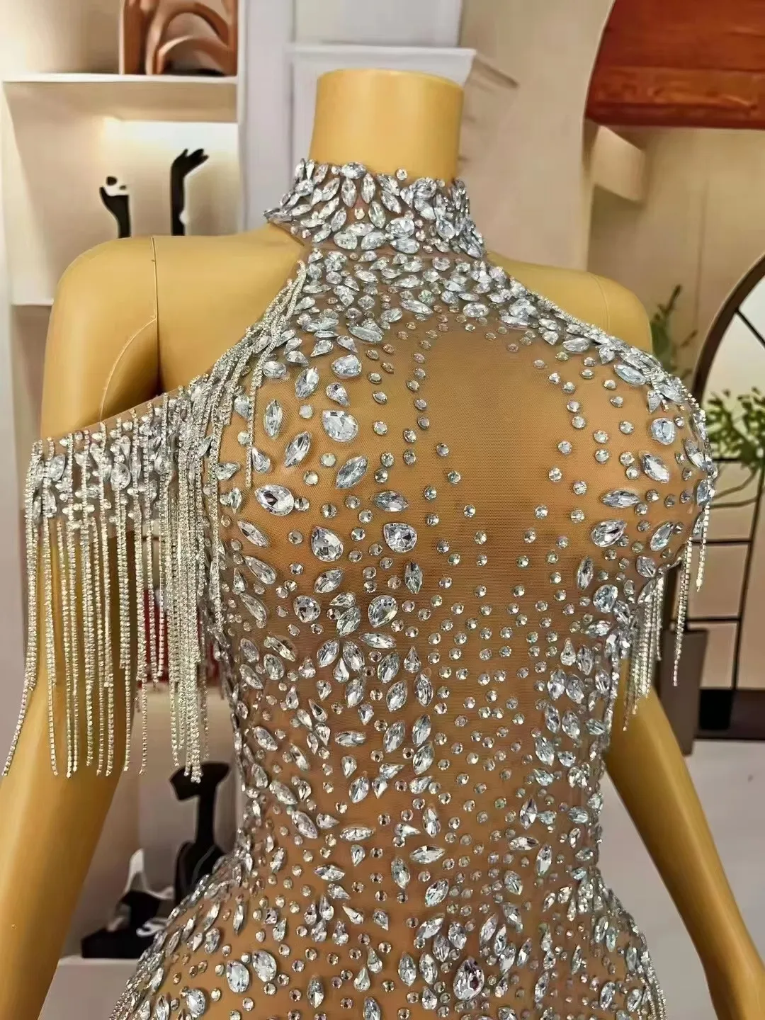 Sexy transparant zilver strass kwastje bodysuit danser zanger nachtclub bar podiumkleding elastisch kristal turnpakje danskostuum