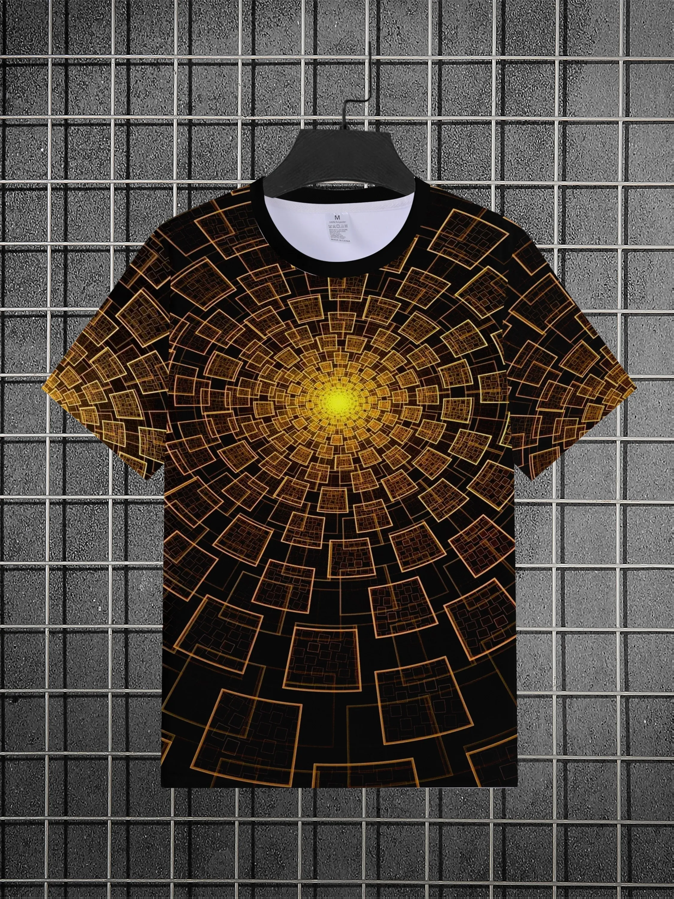 Men Golden Square Tunnel Optical Illusion Print Crew Neck T-shirt Summer Short Sleeve Casual Fashion Top