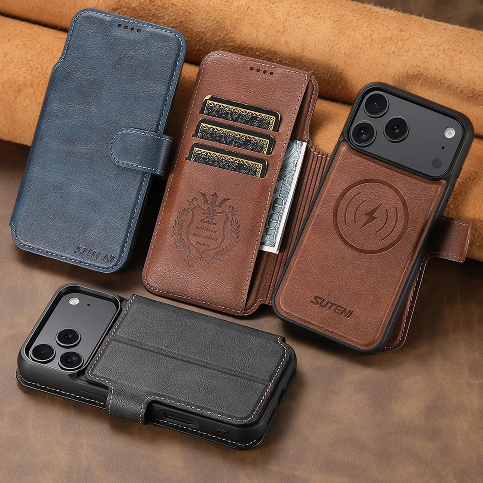 SUTENI Kunstleder Kabelloses Ladegerät Kartenhalter Ständer Brieftasche Magnetische Klapphülle Handyhülle für iPhone 18 Pro Max 17 16 15 14 – Detail 1