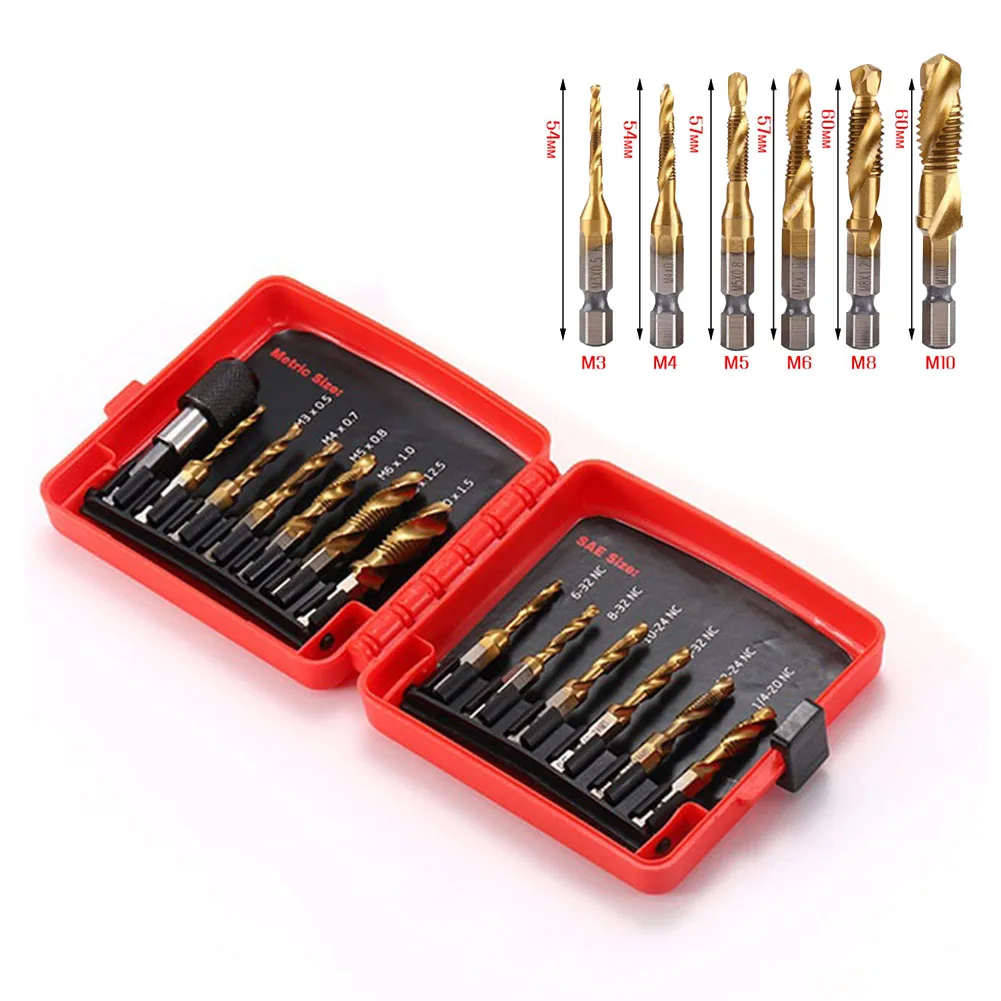 13Pcs SAE And Metric Tap Compound Drill Bits Kit Hex Shank Quick Change Adapter High Speed Steel Taps Drill Bits Hand Tools