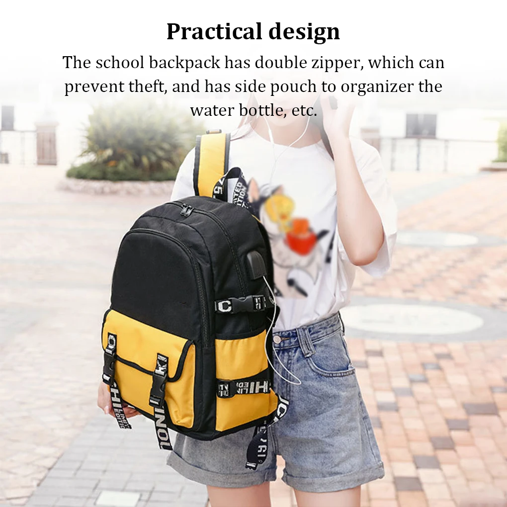 Middle School Backpack with USB Charger Office Work Tablet Computer Bag Travel Water Bottle Daypack for Girls Yellow