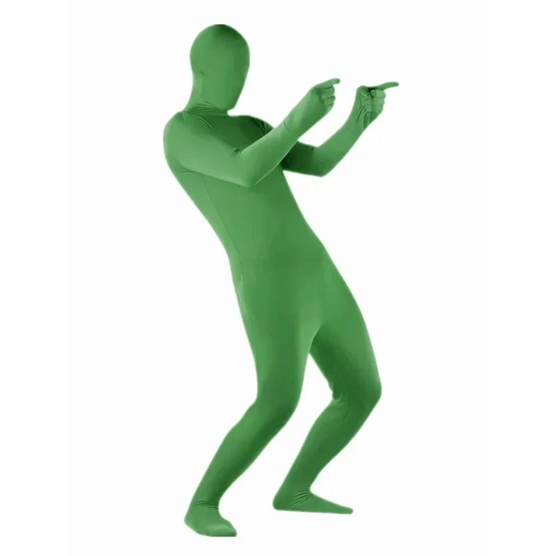 Adult Full Face Hooded Leotard Child High Stretch Green Stage Performance Zipper Costume Halloween Invisible Man Dress Up Costum