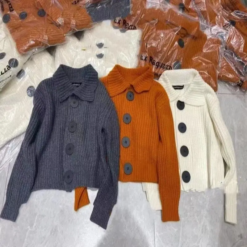 Pumpkin Orange Lapel Knitted Cardigan Sweater Coat Collar Chic Big Button Loose Korean Warm 2024 New Autumn Winter Cardigan Coat