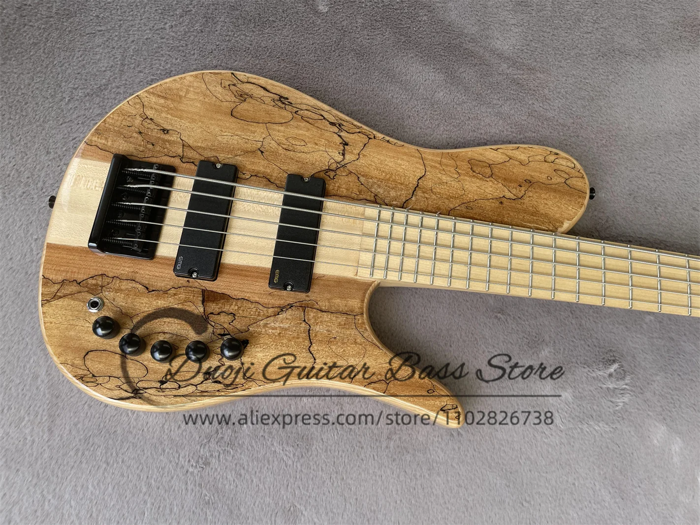 5 String Bass Guitar Ash wood body Spalted Maple Top Maple Neck Active Battery Black Bridge Fod Bass