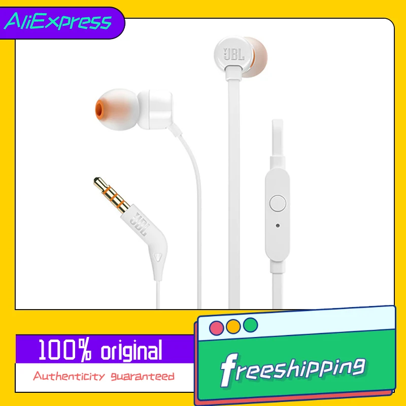 JBL TUNE 110 3,5mm Fones de ouvido com fio T110 Stereo Music Deep Bass Earbuds Sports Headset In-line Controle mãos-livres com m