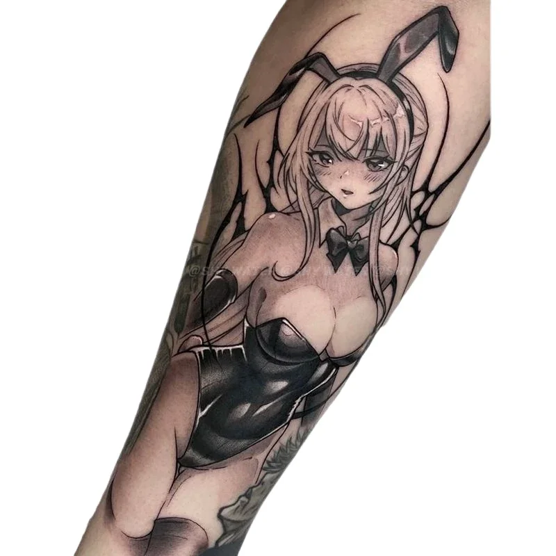 Dessin animé noir lapin fille jus de plantes tatouages temporaires Anime noir tatouage Art corporel imperméable longue durée faux tatouage autocollant