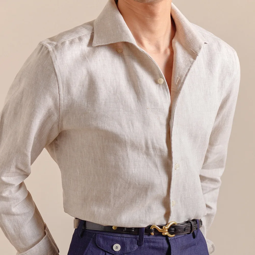 

100% Linen One Piece Collar Long Sleeved Shirt For Men Breathable Business Casual Shirt For Summer Camisa Social Masculina