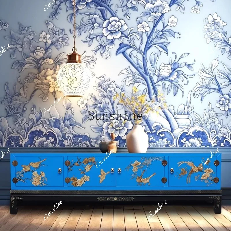 Chinese-style solid wood painted TV cabinet, living room against the wall storage, floor-to-ceiling classical high-end household
