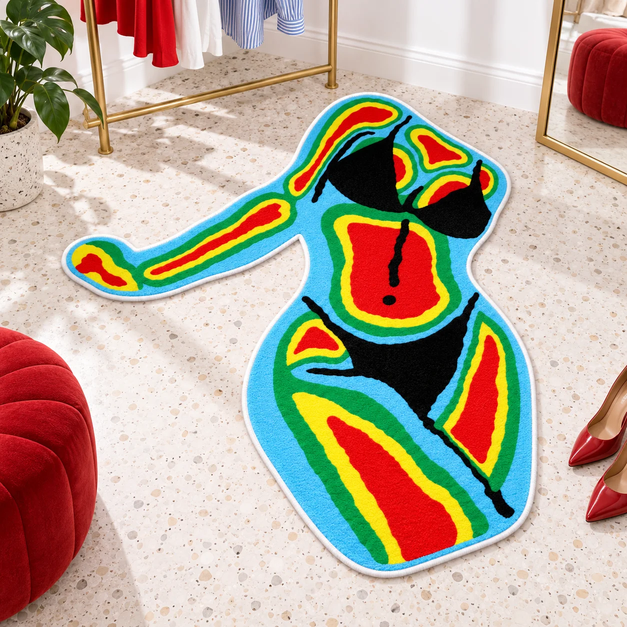 Abstract Thermal Body Art Irregular Area Rug, Colorful Flannel Floor Mat for Bedroom Studio Living Room Modern Home Decor