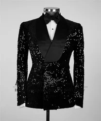 Trajes de lentejuelas negras brillantes para hombres, esmoquin de doble botonadura para novio, conjuntos de 2 piezas, Blazers de graduación, traje ajustado para hombre