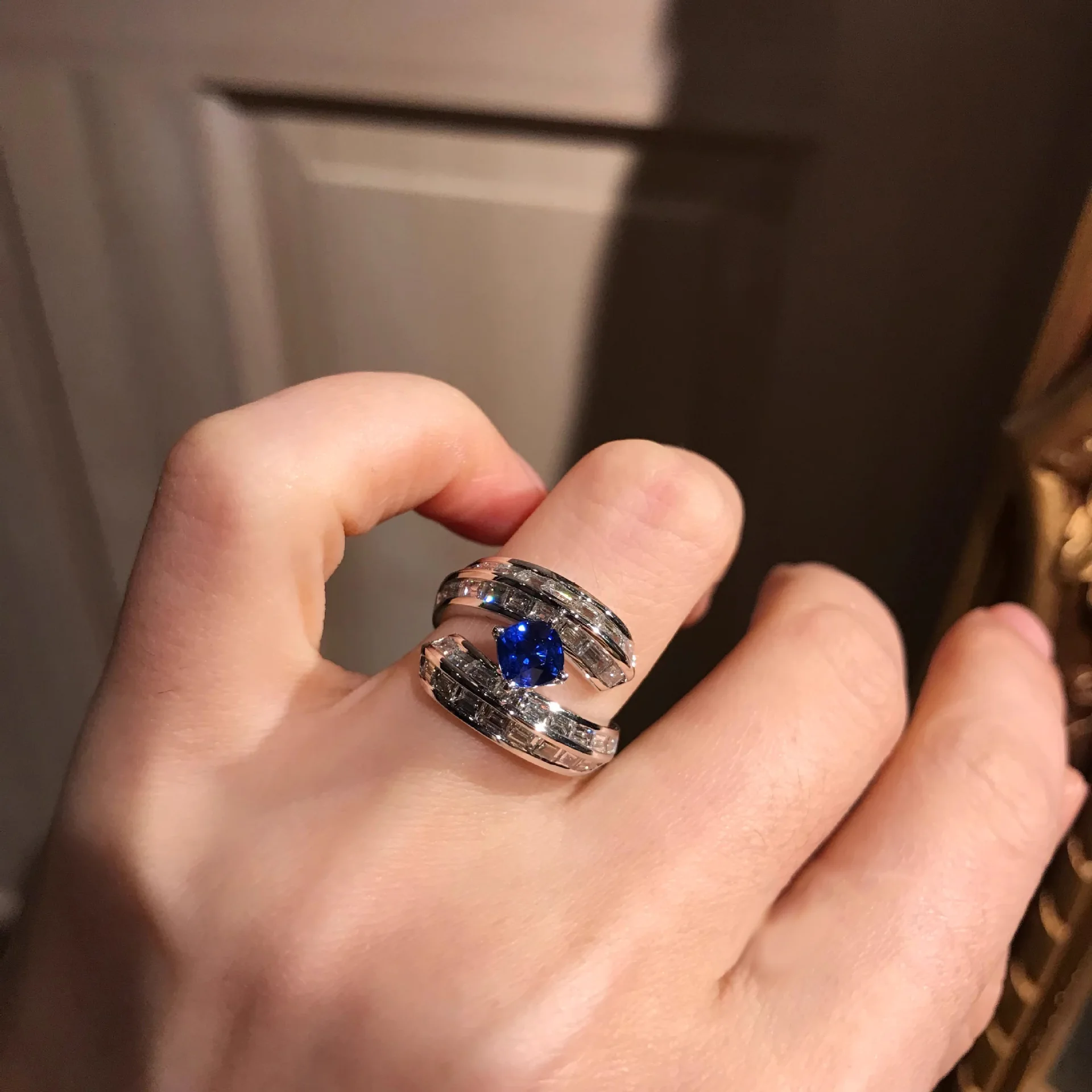 S925 Sterling Silver Open Ring with Fancy Blue Spinel and Sapphire Accents Elegant Adjustable Jewelry for Women