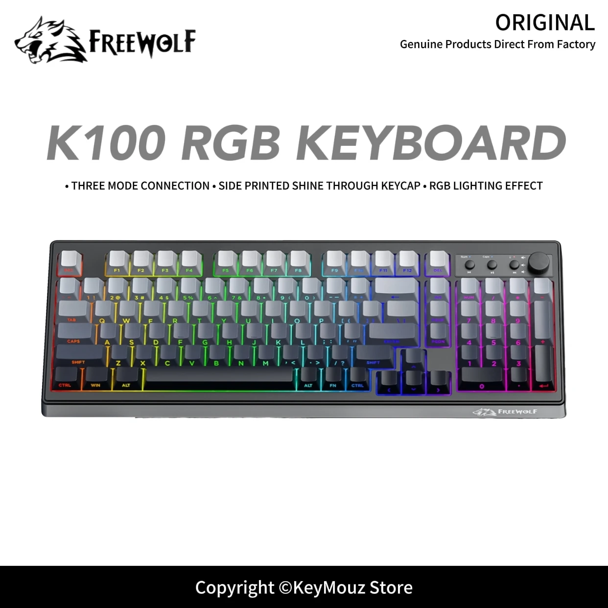FREEWOLF K100 Tri-Mode Wireless Keyboard RGB Backlit 26 Keys Anti-Ghosting with Knob for PC Laptop Gamer