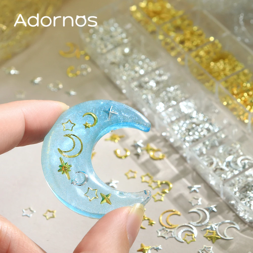 Estrellas doradas y plateadas, Luna, remaches metálicos, accesorios DIY, estrella hueca, Luna, purpurina, decoraciones artísticas para uñas, diseño de dijes de uñas 3D