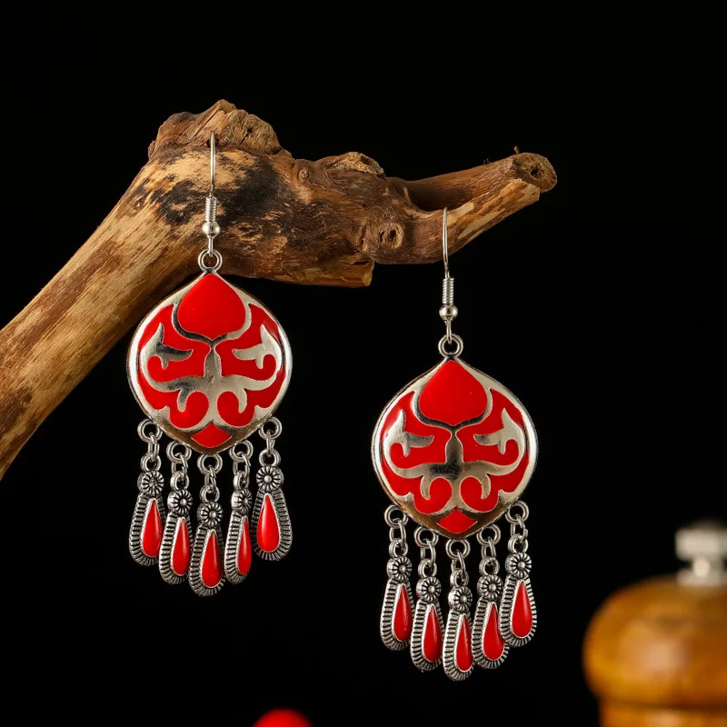 Vintage Ethnic Enamel Fire Totem Water Drop Earrings for Women Creative Design Silver Color Metal Earring Party Vacation Jewelry