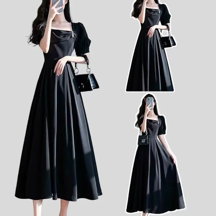 

Black dress women's summer new high-quality temperament covered meat waist slim square neck fashion black dress.