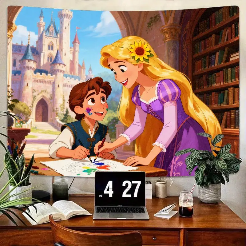

1PC Disney Tangled Rapunzel Eugene Art Tapestry, Cute Princess Wall Hanging, Polyester Castle Library Decor Kids Bedroom Gift