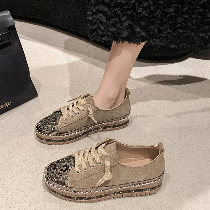 Crystal Luxury Flats Platform Shoes Women Sneaker Designer 2025 Autumn Suede Loafers Lace Up Trend Leopard Canvas Zapatos Mujer