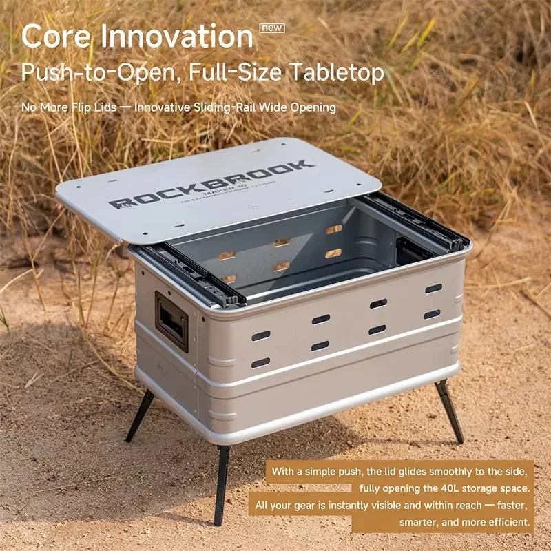 

N67 Rockbrook 40L Aluminum Camping Storage Box with Slide Table Folding Tactical Legs, Portable Quick Open Waterproof Organizer