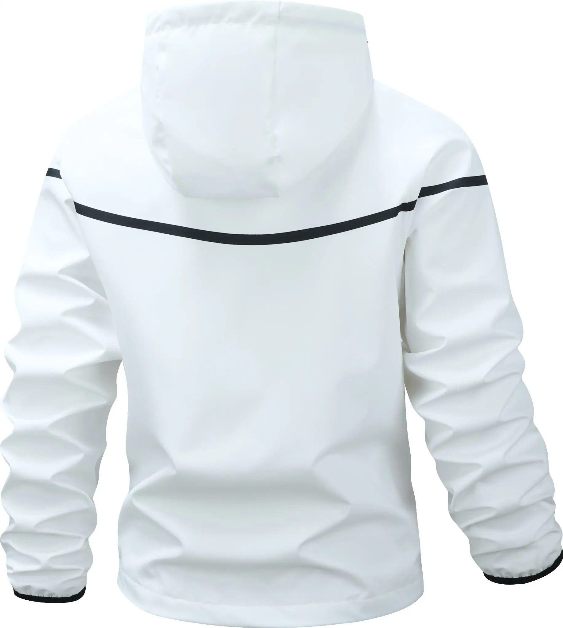 New Men Hooded Outerwear With Simple Line Print, Zipper Placket, Zipper Side Pockets, Drawstring Hood, Windproof Fabric, Loose Fit, Casual Top For Outdoor Activities And Daily Commute