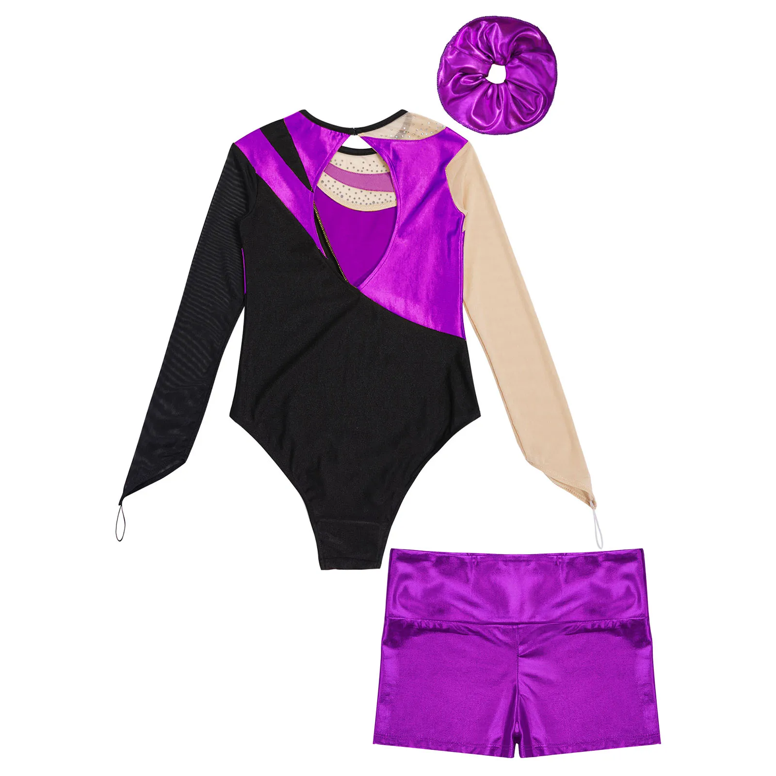 Justaucorps de gymnastique pour filles, costume de patinage artistique, manches longues, maille brillante, costume de batterie avec short métallique, bandeau de cheveux, vêtements de danse