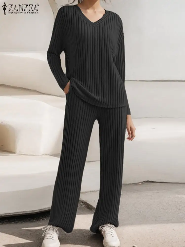 ZANZEA Autumn Women Knitted Suits Solid Color Homewear Fashion Long Sleeve Casual V Neck Tops Pants Sets 2 Piece Sets Outfits