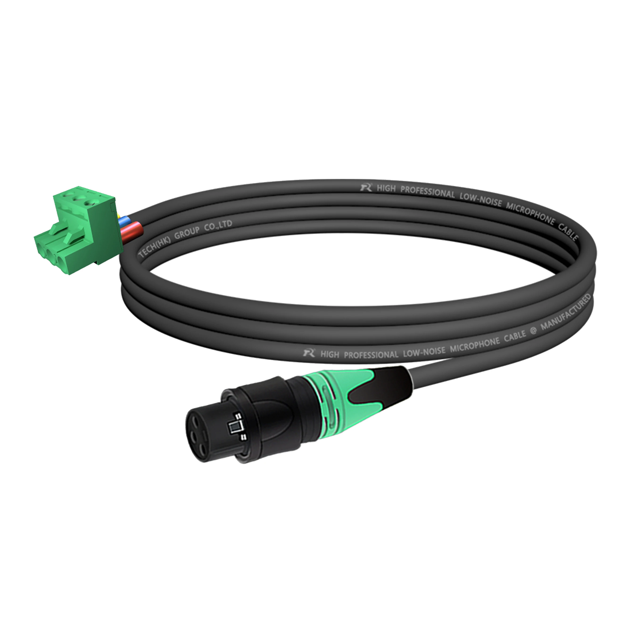 XLR mit schwarzem Rückgehäuse, mehrfarbiger rutschfester Abdeckung, verbunden mit 5,08 mm 3-poligem Phoenix-Steckeranschluss, für Audiogeräte. – Detail 10