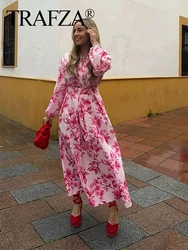 TRAFZA Female Summer Elegant Floral Print 2 Piece Sets Long Sleeves V-Neck Shirt Top+A-Line Midi Skirts 2024 Fashion Suit