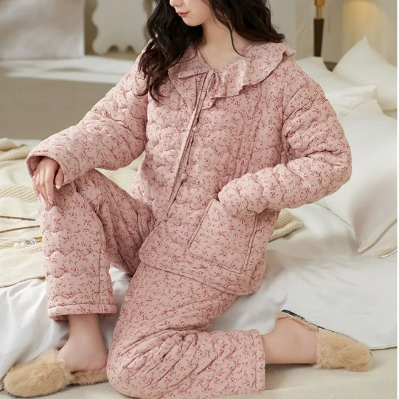 Vrouwen Nieuwe Puur Katoenen Pyjama Winter Drie-Laags Verdikte Katoenen Jas Bloemenmode Casual Huiskleding Comfortabele Set