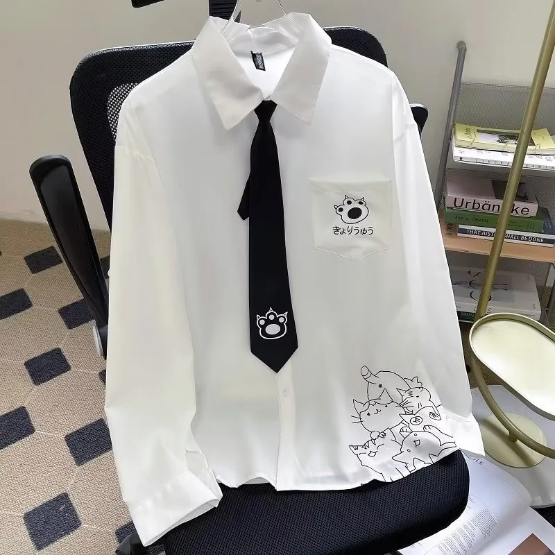 

Loose Long Sleeve Men's Printed Shirt Spring Fashionable Youthful Necktie Casual Versatile for Students Teens Couples