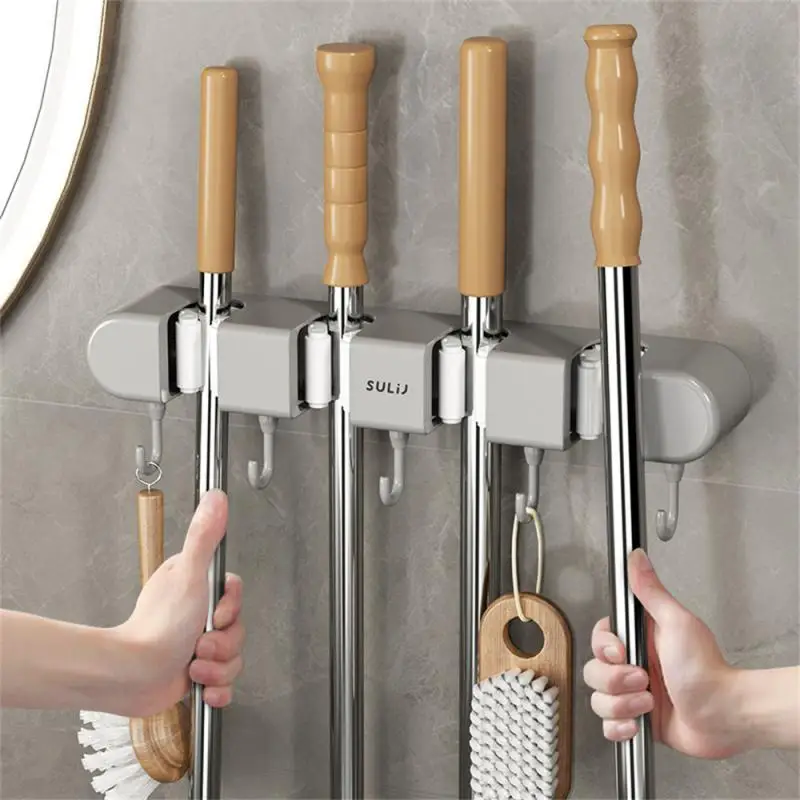 ABS Mop Holder Broom Hanger Wall Mounted 4 Position Brush Support Broomstick Hook Storage Rack Bathroom Organizer Mop Clip