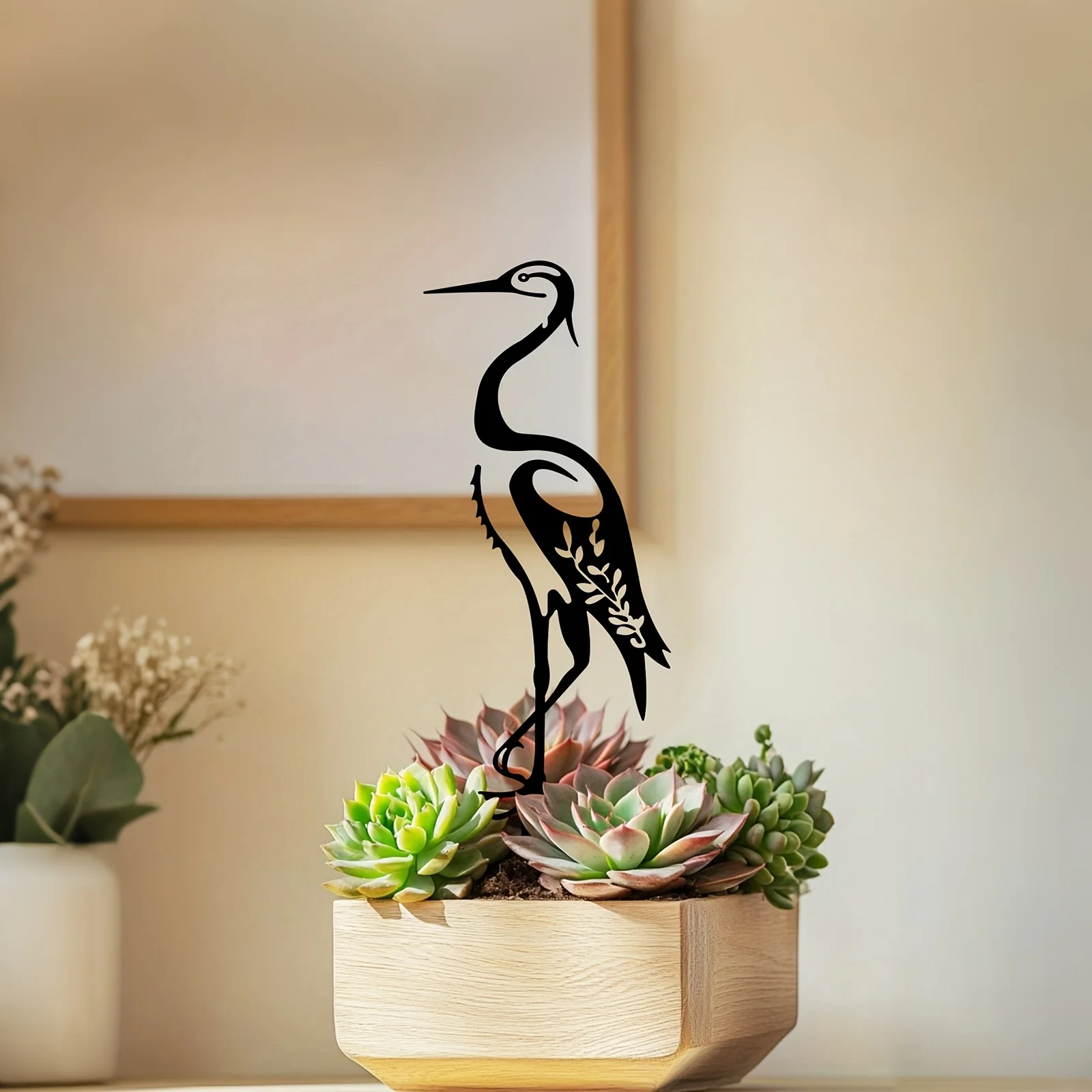 1pc Garden Decor Iron White Egret Bird Silhouette, Outdoor Metal Bird Sculpture Ground Stake Rustic Wooden Fence Plug-In