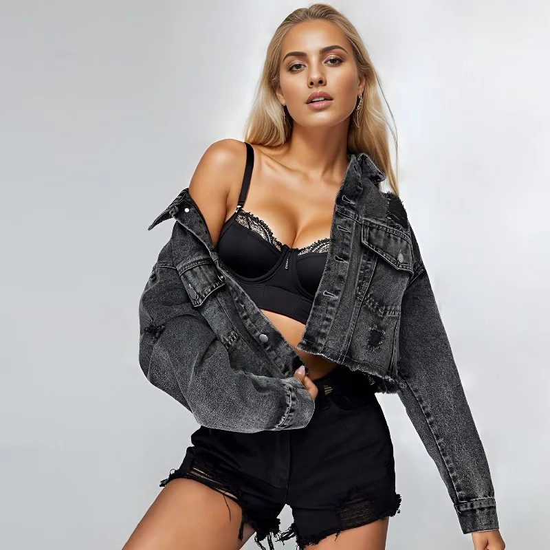 

European and American Women's Denim Jacket Autumn New Fashion Rough Edge Ripped Denim Short Jacket