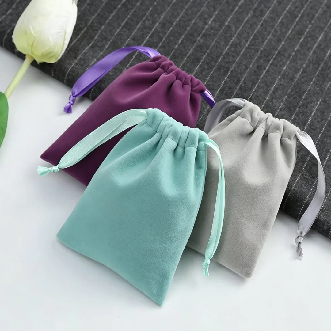 Thick Velvet Jewelry Bag Drawstring with Ribbon Small Pouches for Wedding Party Candy Bag Earring Packing Organizer Custom view 5