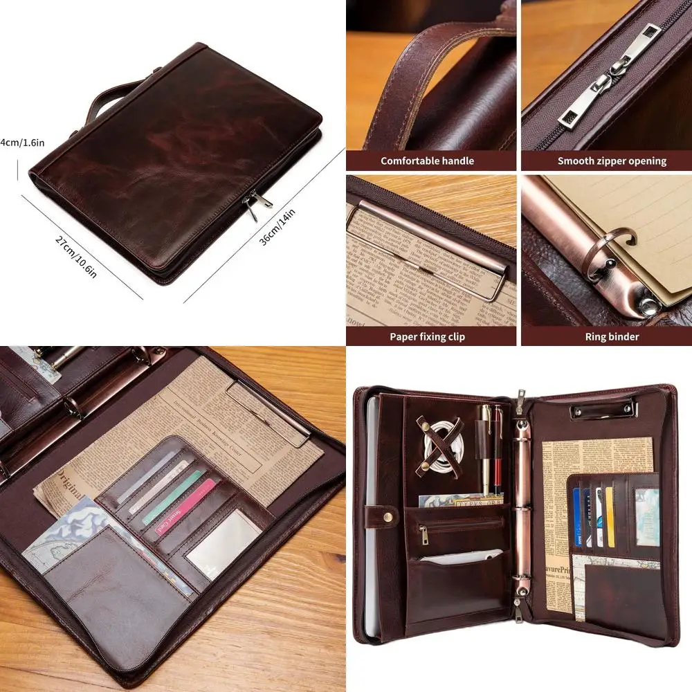 

Leather Portfolio with Handle, 3-Ring Binder, Zippered Pocket, Fits 13 Tablet, 8.5x11 Notebook, Professional Document Organizer