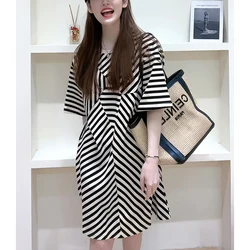 Summer Autumn Y2K Stripe Fashion Print Dress Women Short Sleeve Korean Simple Casual Vestidos De Fiesta Loose Design Robe Femme