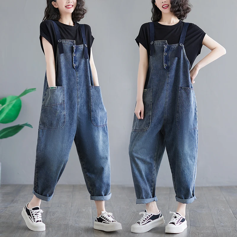 

Women Denim Jumpsuit Spring Big Pocket Casual Loose Suspender Strap Overalls Korean Style Baggy Jeans Female Trousers