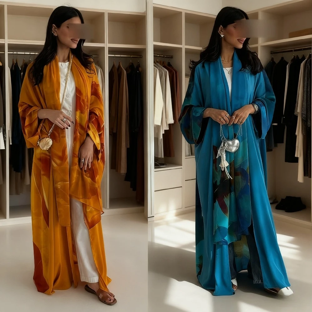イード女性用アバヤスカーフムスリムオープンワンピースパーティージャラビヤプリントラマダンロングアバヤドレスアラブカーディガンローブモロッコカフタン