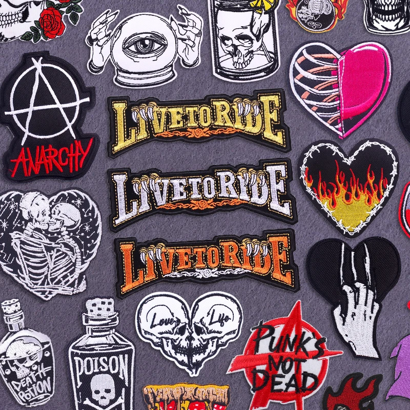 Punk Biker Letters Embroidery Patch Iron On Patches For Clothing Thermoadhesive Patches On Clothes DIY Skull Fusible Applique