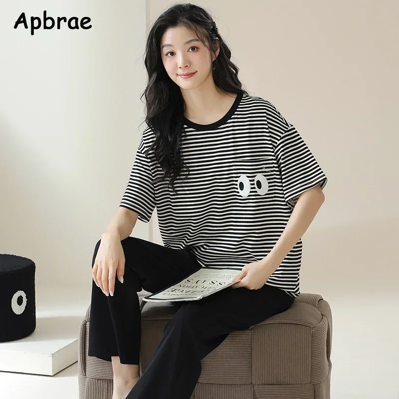 New Summer Women Pajamas Cotton Pajama Sets Short Sleeved Plaid Pants Pijamas Korean Leisure Kawaii Heart Print Sleepwear