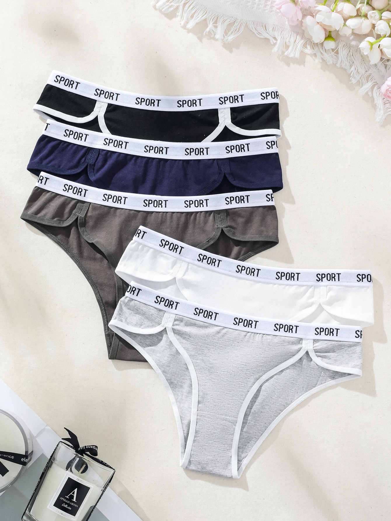 5-pack random color SPORT letter webbing waist and head collision color edge underwear for women's home, resistant to dirt