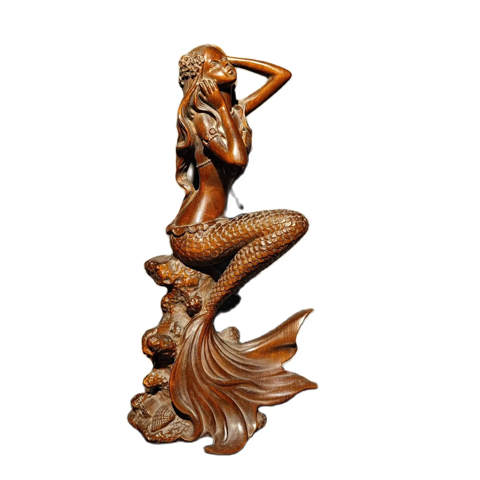 vintage wooden fish carving boxwood women girl statue home decor beautifully art room Study souvenir hobby collect