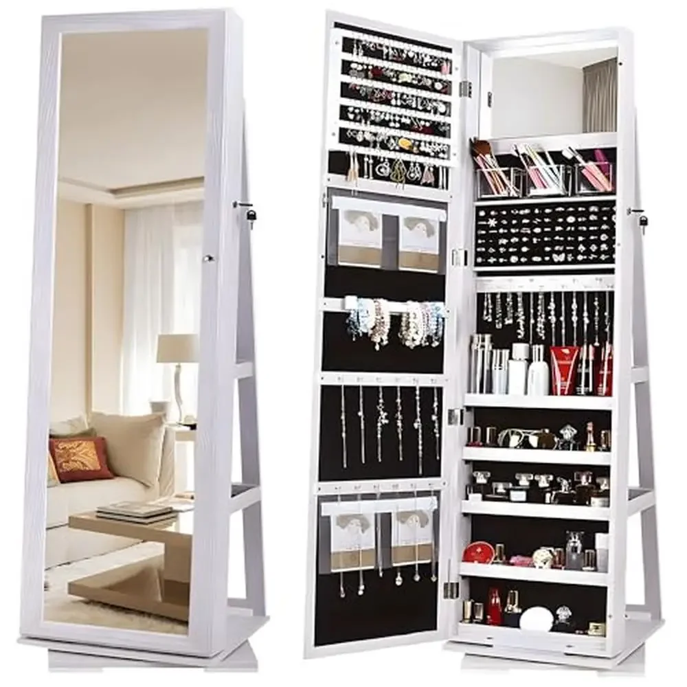 Wooden Jewelry Armoire with Full-Length Mirror 360° Rotatable Cabinet Lockable and Secure Storage High-Quality Craftsmanship