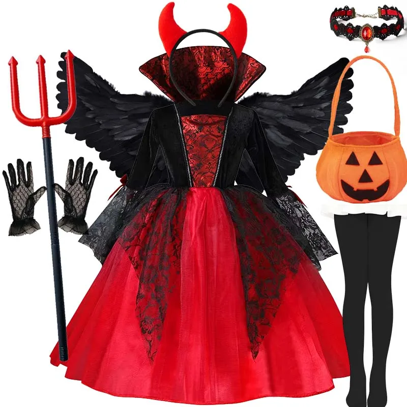 Halloween The Middle Age Ghost Bride Lace Costume Vampire Party Frock for Kids Girls Carnival Clothing Children Gothic Gown Ball