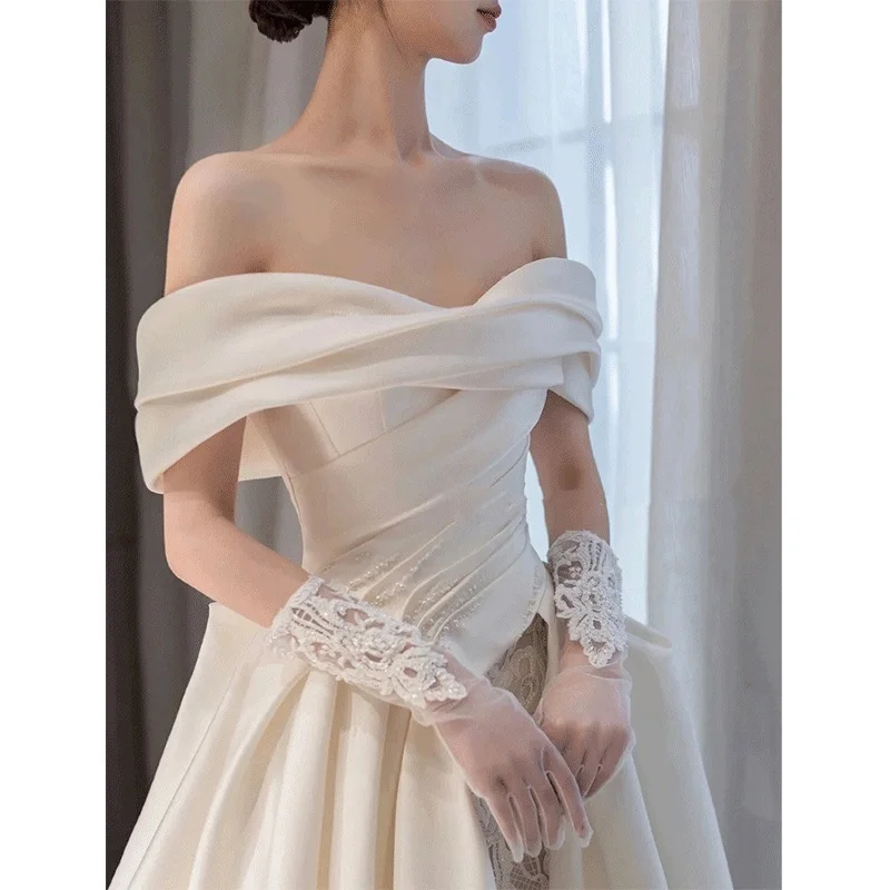 French Style Ruffles Satin Wedding Dress With Glove Off Shoulder Pearls Lace Boho A Line Vintage Bridal Gown Robe De Mariée