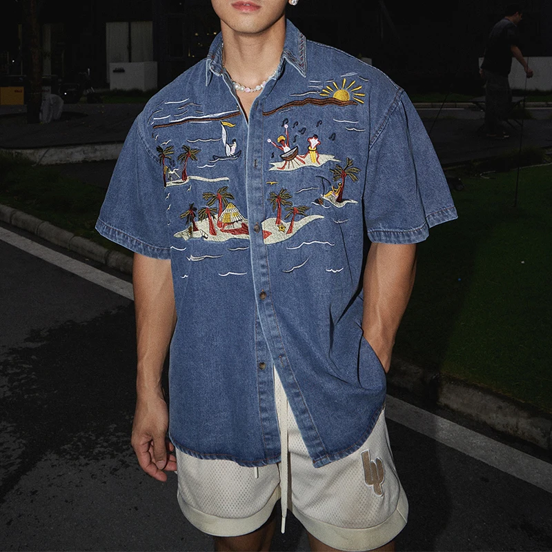 Casual Short Sleeve Denim Shirts For Mens Spring Summer Stylish Embroidery Denim Tops Men Vintage Button Turn-down Collar Shirt