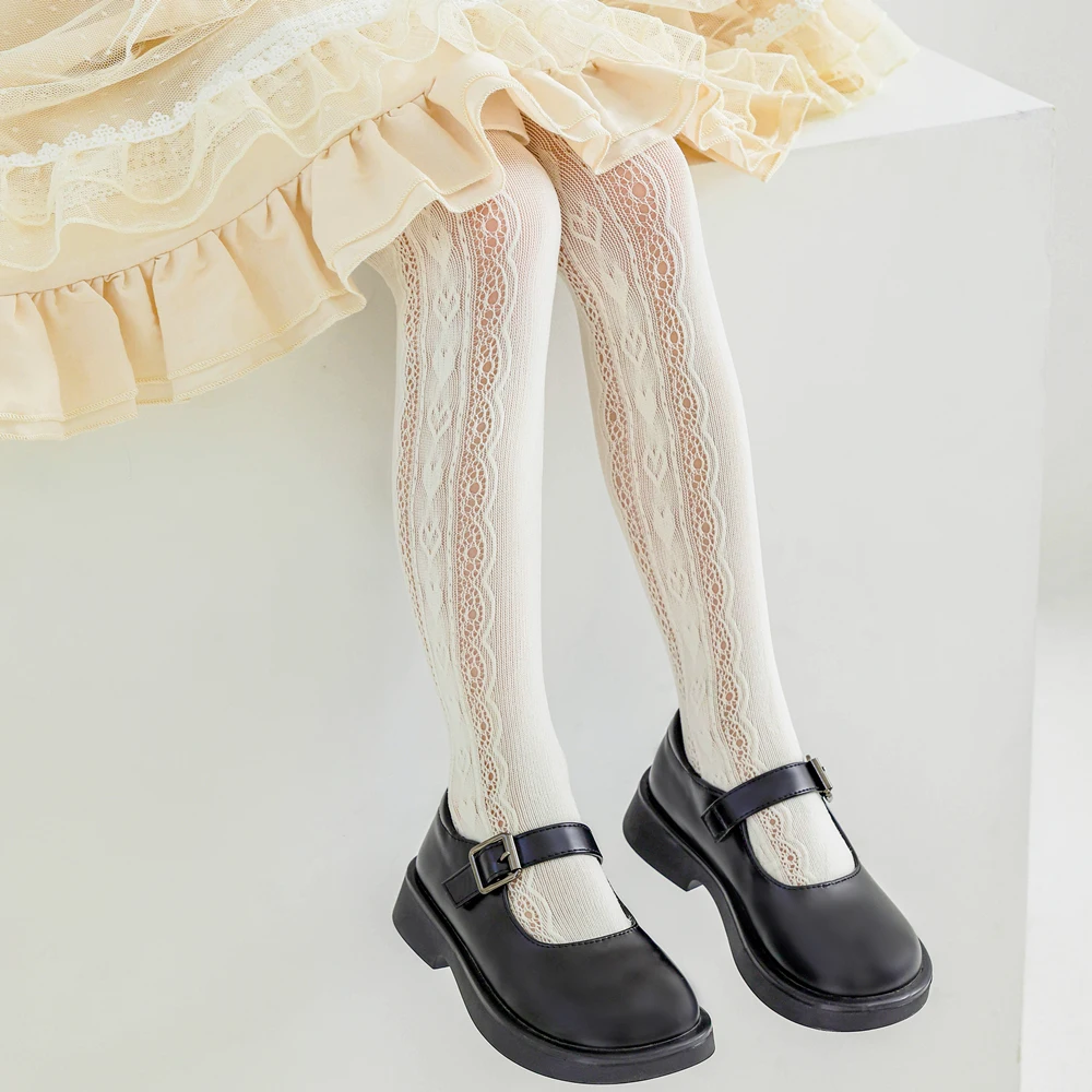 Sweet Girl Kids Kawaii Pantyhose Retro Embroidery Heart Breathable Hollow Out Princess Baby Child Tights Lolita Student Leggings view 4