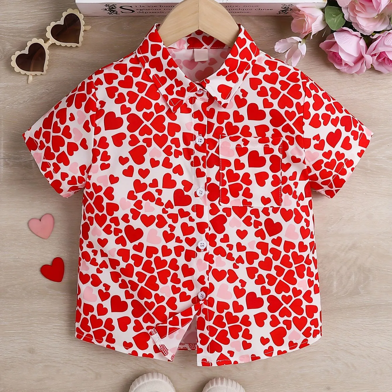 Girls Cute Sweet Strawberry Print Hawaiian Style ﻿Short Sleeve Shirt Lightweight Summer Vacation Top Fashionable Collar