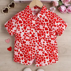 Girls Cute Sweet Strawberry Print Hawaiian Style ﻿Short Sleeve Shirt Lightweight Summer Vacation Fashionable Collar Heart Tops